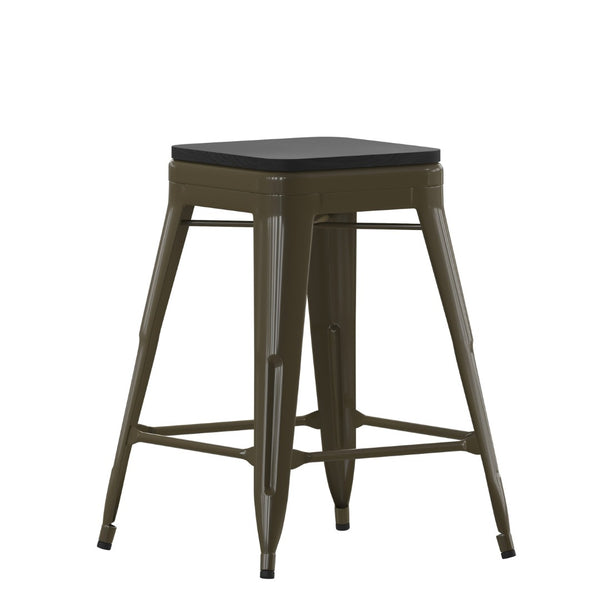 English Elm Cierra Set of 4 Commercial-Grade Backless Metal Counter Stools for Café, Kitchen, or Dining Use Black Resin Wood Seat/Gun Metal Frame 24"H 4-ET-31320-24-GN-R-PL2B-GG