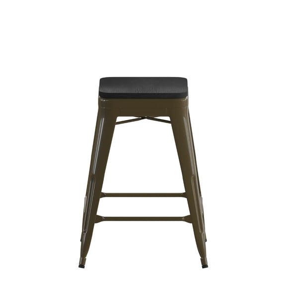 English Elm Cierra Set of 4 Commercial-Grade Backless Metal Counter Stools for Café, Kitchen, or Dining Use Black Resin Wood Seat/Gun Metal Frame 24"H 4-ET-31320-24-GN-R-PL2B-GG