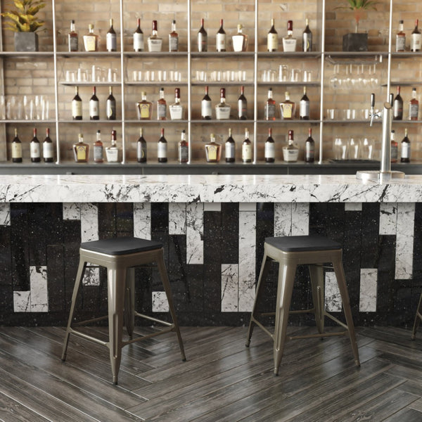 English Elm Cierra Set of 4 Commercial-Grade Backless Metal Counter Stools for Café, Kitchen, or Dining Use Black Resin Wood Seat/Gun Metal Frame 24"H 4-ET-31320-24-GN-R-PL2B-GG