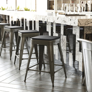 English Elm Cierra Set of 4 Commercial-Grade Backless Metal Counter Stools for Café, Kitchen, or Dining Use Black Resin Wood Seat/Gun Metal Frame 24"H 4-ET-31320-24-GN-R-PL2B-GG