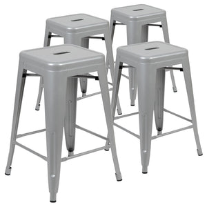 English Elm Cierra 4-Piece Stackable Metal Counter-Height Bar Stools for Kitchen and Commercial Use, Stylish Design Silver 24"H 4-ET-31320-24-SV-R-GG