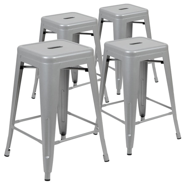 English Elm Cierra 4-Piece Stackable Metal Counter-Height Bar Stools for Kitchen and Commercial Use, Stylish Design Silver 24"H 4-ET-31320-24-SV-R-GG