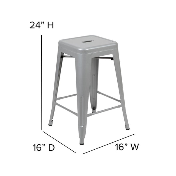 English Elm Cierra 4-Piece Stackable Metal Counter-Height Bar Stools for Kitchen and Commercial Use, Stylish Design Silver 24"H 4-ET-31320-24-SV-R-GG