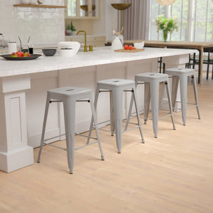 English Elm Cierra 4-Piece Stackable Metal Counter-Height Bar Stools for Kitchen and Commercial Use, Stylish Design Silver 24"H 4-ET-31320-24-SV-R-GG
