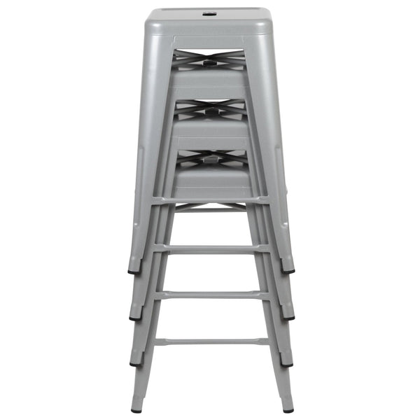 English Elm Cierra 4-Piece Stackable Metal Counter-Height Bar Stools for Kitchen and Commercial Use, Stylish Design Silver 24"H 4-ET-31320-24-SV-R-GG