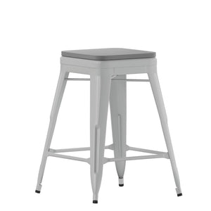 English Elm Cierra Set of 4 Commercial-Grade Backless Metal Counter Stools for Café, Kitchen, or Dining Use Gray Resin Wood Seat/Silver Frame 24"H 4-ET-31320-24-SV-R-PL2G-GG