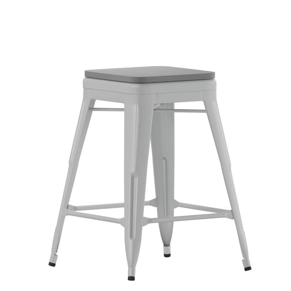 English Elm Cierra Set of 4 Commercial-Grade Backless Metal Counter Stools for Café, Kitchen, or Dining Use Gray Resin Wood Seat/Silver Frame 24"H 4-ET-31320-24-SV-R-PL2G-GG