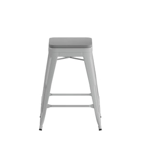 English Elm Cierra Set of 4 Commercial-Grade Backless Metal Counter Stools for Café, Kitchen, or Dining Use Gray Resin Wood Seat/Silver Frame 24"H 4-ET-31320-24-SV-R-PL2G-GG