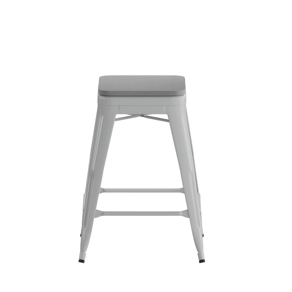 English Elm Cierra Set of 4 Commercial-Grade Backless Metal Counter Stools for Café, Kitchen, or Dining Use Gray Resin Wood Seat/Silver Frame 24"H 4-ET-31320-24-SV-R-PL2G-GG