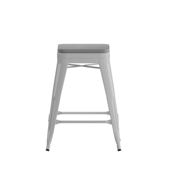 English Elm Cierra Set of 4 Commercial-Grade Backless Metal Counter Stools for Café, Kitchen, or Dining Use Gray Resin Wood Seat/Silver Frame 24"H 4-ET-31320-24-SV-R-PL2G-GG