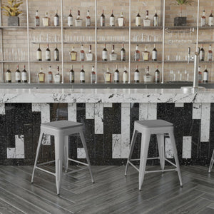 English Elm Cierra Set of 4 Commercial-Grade Backless Metal Counter Stools for Café, Kitchen, or Dining Use Gray Resin Wood Seat/Silver Frame 24"H 4-ET-31320-24-SV-R-PL2G-GG