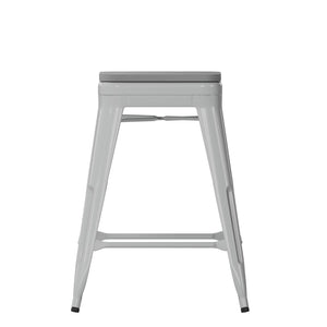 English Elm Cierra Set of 4 Commercial-Grade Backless Metal Counter Stools for Café, Kitchen, or Dining Use Gray Resin Wood Seat/Silver Frame 24"H 4-ET-31320-24-SV-R-PL2G-GG