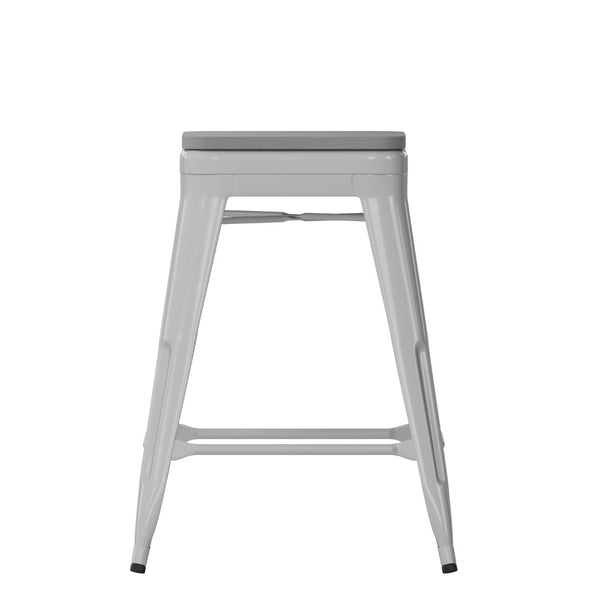 English Elm Cierra Set of 4 Commercial-Grade Backless Metal Counter Stools for Café, Kitchen, or Dining Use Gray Resin Wood Seat/Silver Frame 24"H 4-ET-31320-24-SV-R-PL2G-GG