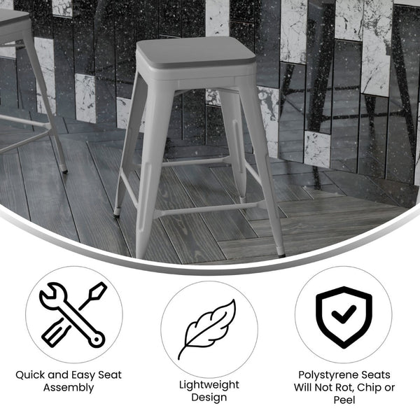 English Elm Cierra Set of 4 Commercial-Grade Backless Metal Counter Stools for Café, Kitchen, or Dining Use Gray Resin Wood Seat/Silver Frame 24"H 4-ET-31320-24-SV-R-PL2G-GG