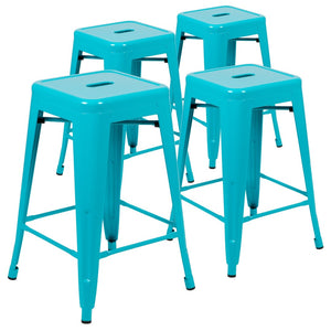English Elm Cierra 4-Piece Stackable Metal Counter-Height Bar Stools for Kitchen and Commercial Use, Stylish Design Teal 24"H 4-ET-31320-24-TL-R-GG