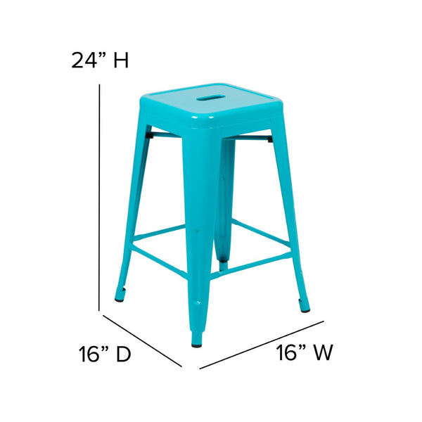 English Elm Cierra 4-Piece Stackable Metal Counter-Height Bar Stools for Kitchen and Commercial Use, Stylish Design Teal 24"H 4-ET-31320-24-TL-R-GG