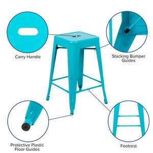 English Elm Cierra 4-Piece Stackable Metal Counter-Height Bar Stools for Kitchen and Commercial Use, Stylish Design Teal 24"H 4-ET-31320-24-TL-R-GG