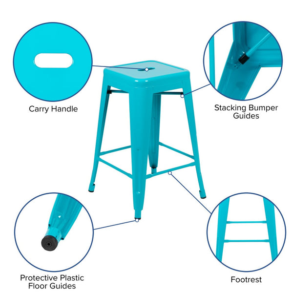 English Elm Cierra 4-Piece Stackable Metal Counter-Height Bar Stools for Kitchen and Commercial Use, Stylish Design Teal 24"H 4-ET-31320-24-TL-R-GG