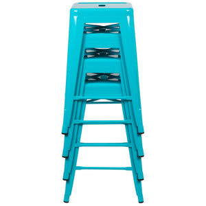 English Elm Cierra 4-Piece Stackable Metal Counter-Height Bar Stools for Kitchen and Commercial Use, Stylish Design Teal 24"H 4-ET-31320-24-TL-R-GG