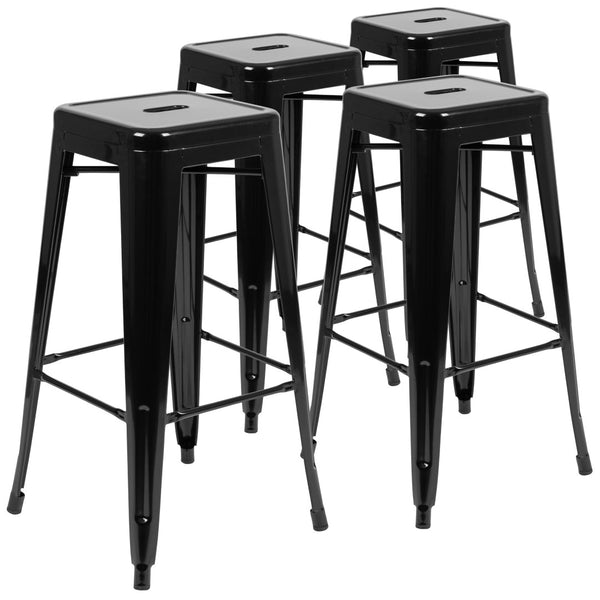 English Elm Cierra Set of 4 Stackable Metal Bar Stools for Stylish Indoor Dining and Versatile Commercial Use Black 30"H 4-ET-31320-30-BK-R-GG