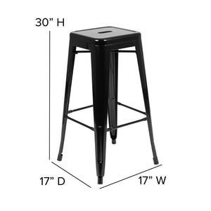 English Elm Cierra Set of 4 Stackable Metal Bar Stools for Stylish Indoor Dining and Versatile Commercial Use Black 30"H 4-ET-31320-30-BK-R-GG