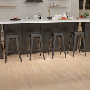 English Elm Cierra Set of 4 Stackable Metal Bar Stools for Stylish Indoor Dining and Versatile Commercial Use Black 30"H 4-ET-31320-30-BK-R-GG