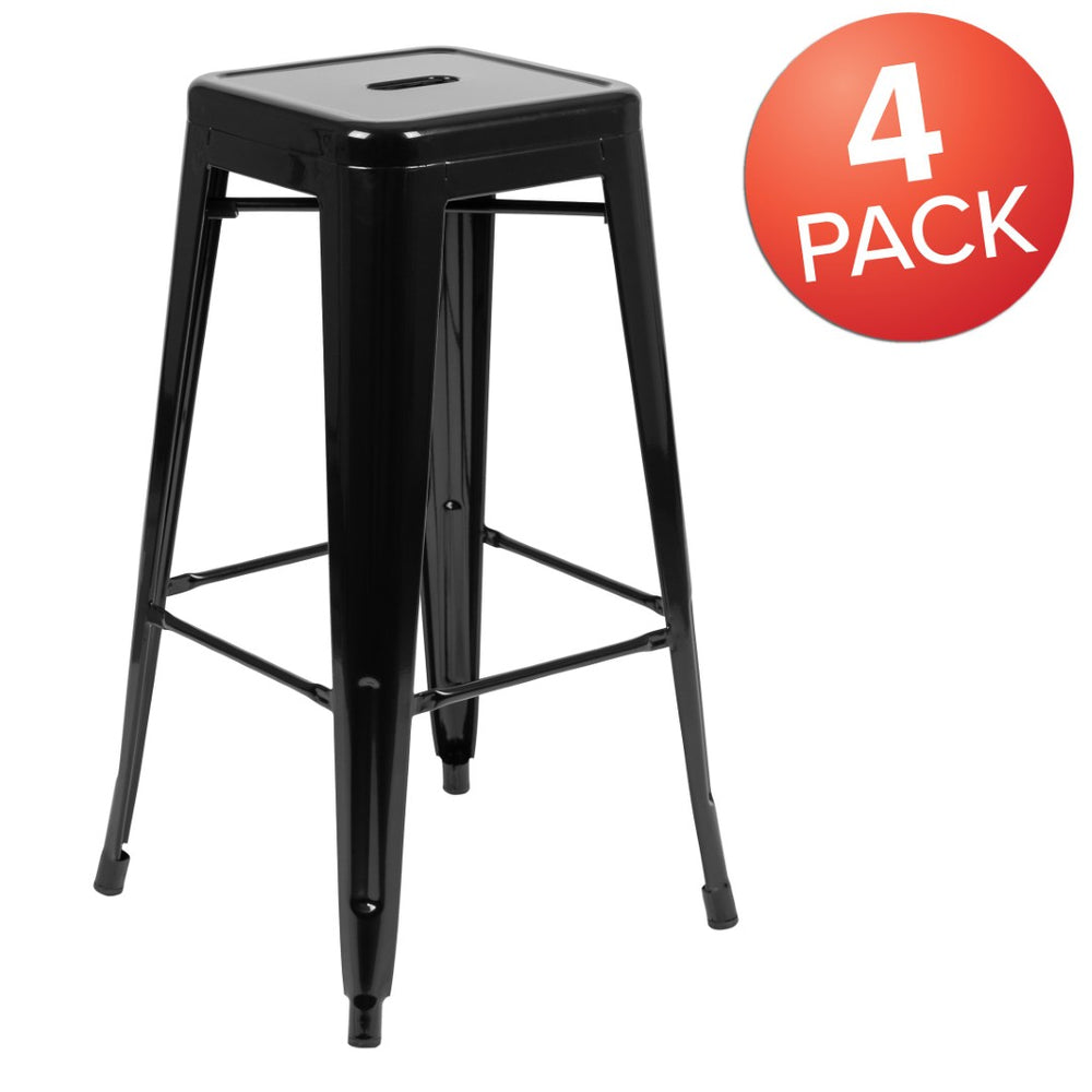 English Elm Cierra Set of 4 Stackable Metal Bar Stools for Stylish Indoor Dining and Versatile Commercial Use Black 30"H 4-ET-31320-30-BK-R-GG
