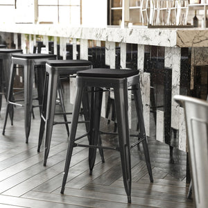 English Elm Cierra Set of 4 Commercial-Grade Backless Metal Bar Stools for Stylish, Durable Indoor Seating Black Resin Wood Seat/Black Frame 30"H 4-ET-31320-30-BK-R-PL2B-GG