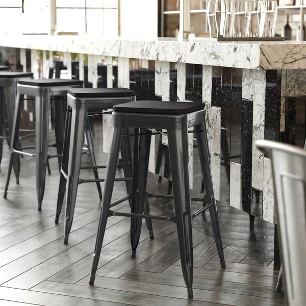 English Elm Cierra Set of 4 Commercial-Grade Backless Metal Bar Stools for Stylish, Durable Indoor Seating Black Resin Wood Seat/Black Frame 30"H 4-ET-31320-30-BK-R-PL2B-GG