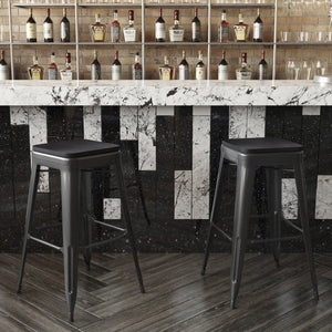 English Elm Cierra Set of 4 Commercial-Grade Backless Metal Bar Stools for Stylish, Durable Indoor Seating Black Resin Wood Seat/Black Frame 30"H 4-ET-31320-30-BK-R-PL2B-GG