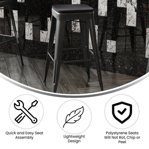 English Elm Cierra Set of 4 Commercial-Grade Backless Metal Bar Stools for Stylish, Durable Indoor Seating Black Resin Wood Seat/Black Frame 30"H 4-ET-31320-30-BK-R-PL2B-GG