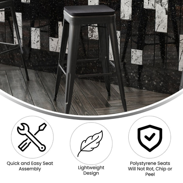 English Elm Cierra Set of 4 Commercial-Grade Backless Metal Bar Stools for Stylish, Durable Indoor Seating Black Resin Wood Seat/Black Frame 30"H 4-ET-31320-30-BK-R-PL2B-GG