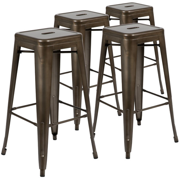 English Elm Cierra Set of 4 Stackable Metal Bar Stools for Stylish Indoor Dining and Versatile Commercial Use Gun Metal 30"H 4-ET-31320-30-GN-R-GG