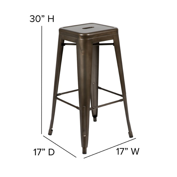 English Elm Cierra Set of 4 Stackable Metal Bar Stools for Stylish Indoor Dining and Versatile Commercial Use Gun Metal 30"H 4-ET-31320-30-GN-R-GG