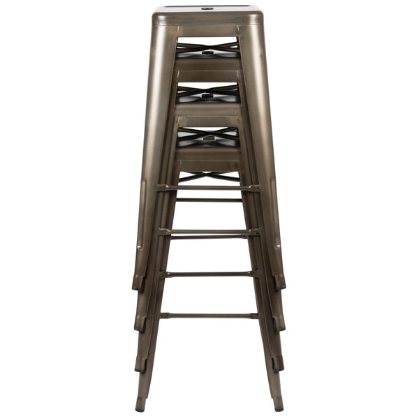 English Elm Cierra Set of 4 Stackable Metal Bar Stools for Stylish Indoor Dining and Versatile Commercial Use Gun Metal 30"H 4-ET-31320-30-GN-R-GG