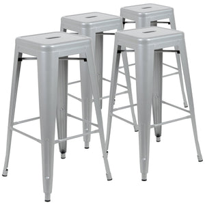 English Elm Cierra Set of 4 Stackable Metal Bar Stools for Stylish Indoor Dining and Versatile Commercial Use Silver 30"H 4-ET-31320-30-SV-R-GG