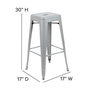 English Elm Cierra Set of 4 Stackable Metal Bar Stools for Stylish Indoor Dining and Versatile Commercial Use Silver 30"H 4-ET-31320-30-SV-R-GG