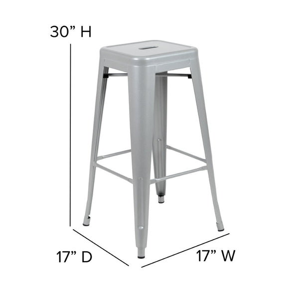English Elm Cierra Set of 4 Stackable Metal Bar Stools for Stylish Indoor Dining and Versatile Commercial Use Silver 30"H 4-ET-31320-30-SV-R-GG