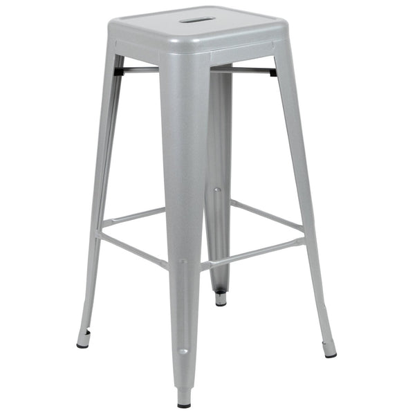 English Elm Cierra Set of 4 Stackable Metal Bar Stools for Stylish Indoor Dining and Versatile Commercial Use Silver 30"H 4-ET-31320-30-SV-R-GG