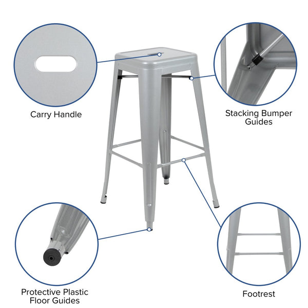 English Elm Cierra Set of 4 Stackable Metal Bar Stools for Stylish Indoor Dining and Versatile Commercial Use Silver 30"H 4-ET-31320-30-SV-R-GG