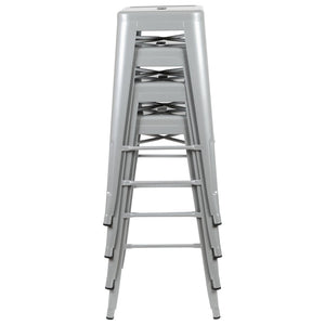 English Elm Cierra Set of 4 Stackable Metal Bar Stools for Stylish Indoor Dining and Versatile Commercial Use Silver 30"H 4-ET-31320-30-SV-R-GG