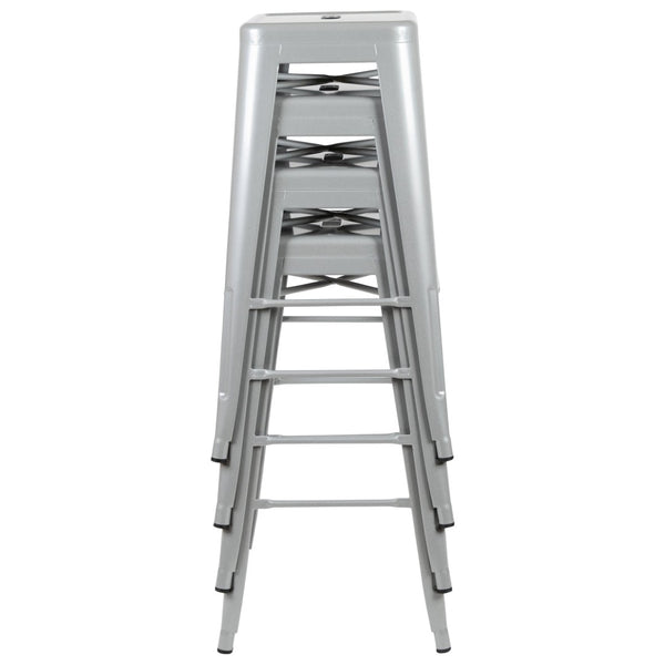 English Elm Cierra Set of 4 Stackable Metal Bar Stools for Stylish Indoor Dining and Versatile Commercial Use Silver 30"H 4-ET-31320-30-SV-R-GG