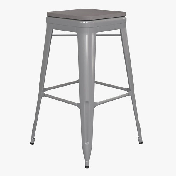 English Elm Cierra Set of 4 Commercial-Grade Backless Metal Bar Stools for Stylish, Durable Indoor Seating Gray Resin Wood Seat/Silver Frame 30"H 4-ET-31320-30-SV-R-PL2G-GG
