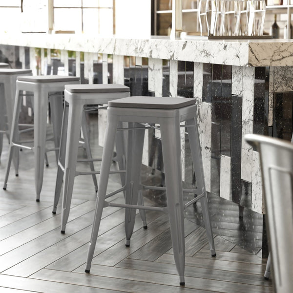 English Elm Cierra Set of 4 Commercial-Grade Backless Metal Bar Stools for Stylish, Durable Indoor Seating Gray Resin Wood Seat/Silver Frame 30"H 4-ET-31320-30-SV-R-PL2G-GG