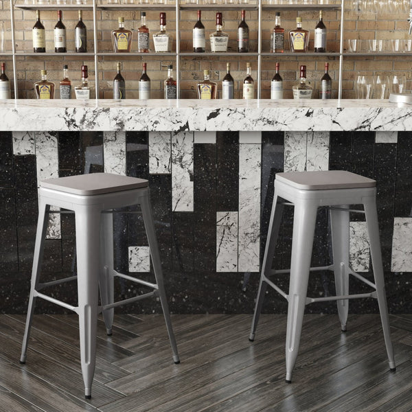 English Elm Cierra Set of 4 Commercial-Grade Backless Metal Bar Stools for Stylish, Durable Indoor Seating Gray Resin Wood Seat/Silver Frame 30"H 4-ET-31320-30-SV-R-PL2G-GG