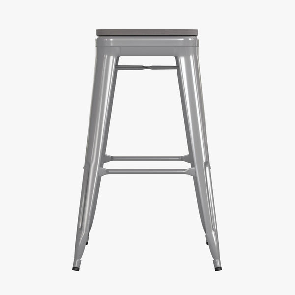 English Elm Cierra Set of 4 Commercial-Grade Backless Metal Bar Stools for Stylish, Durable Indoor Seating Gray Resin Wood Seat/Silver Frame 30"H 4-ET-31320-30-SV-R-PL2G-GG
