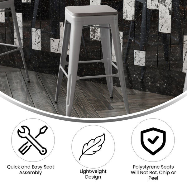 English Elm Cierra Set of 4 Commercial-Grade Backless Metal Bar Stools for Stylish, Durable Indoor Seating Gray Resin Wood Seat/Silver Frame 30"H 4-ET-31320-30-SV-R-PL2G-GG