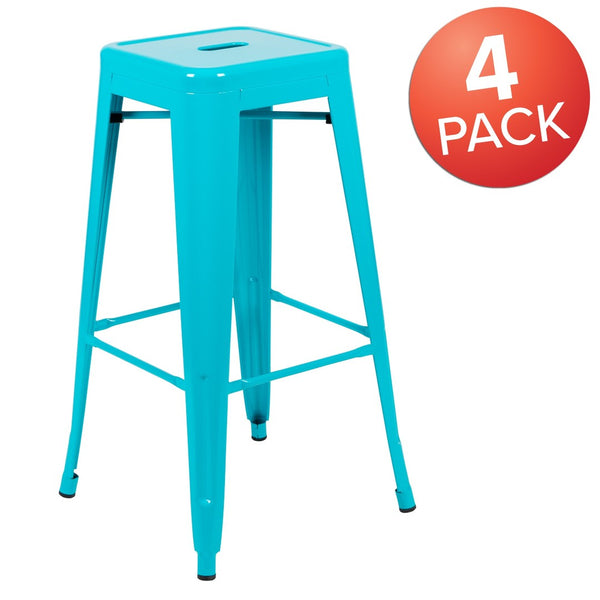 English Elm Cierra Set of 4 Stackable Metal Bar Stools for Stylish Indoor Dining and Versatile Commercial Use Teal 30"H 4-ET-31320-30-TL-R-GG