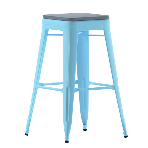 English Elm Cierra Set of 4 Commercial-Grade Backless Metal Bar Stools for Stylish, Durable Indoor Seating Teal-Blue Resin Wood Seat/Teal Frame 30"H 4-ET-31320-30-TL-R-PL2C-GG