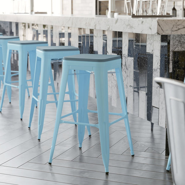 English Elm Cierra Set of 4 Commercial-Grade Backless Metal Bar Stools for Stylish, Durable Indoor Seating Teal-Blue Resin Wood Seat/Teal Frame 30"H 4-ET-31320-30-TL-R-PL2C-GG